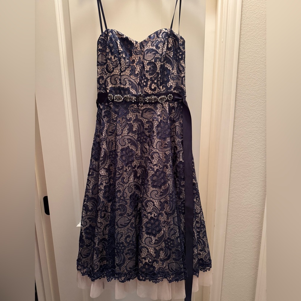 Shin length formal dress with navy lace